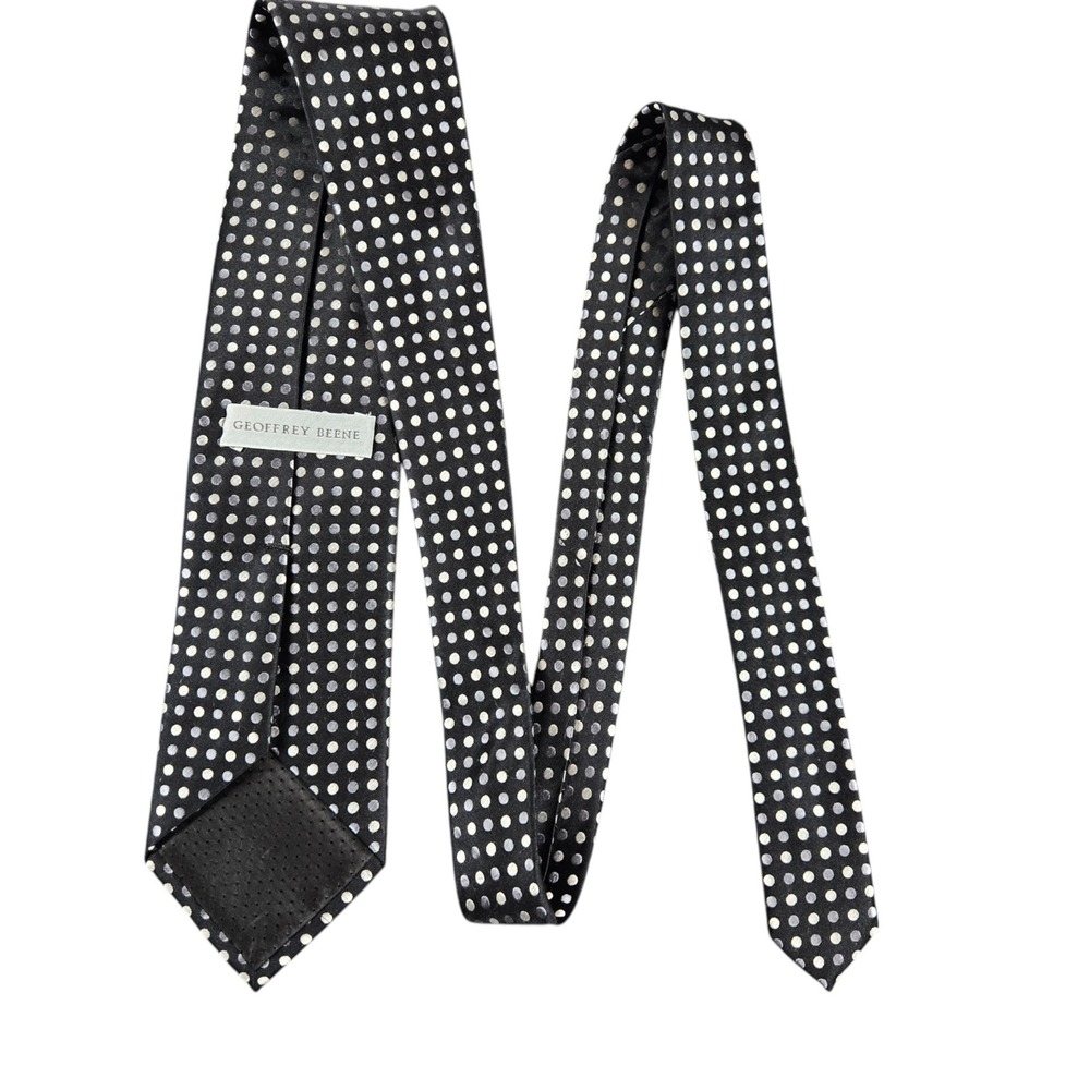Geoffrey Beene Silk Tie Mens Black Silver Polka Dot Geometric Formal Necktie